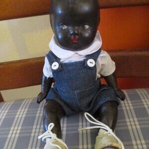 FINAL SALE! VTG Black little Boy doll. 10", Jointed, with outfit and shoes, TLC